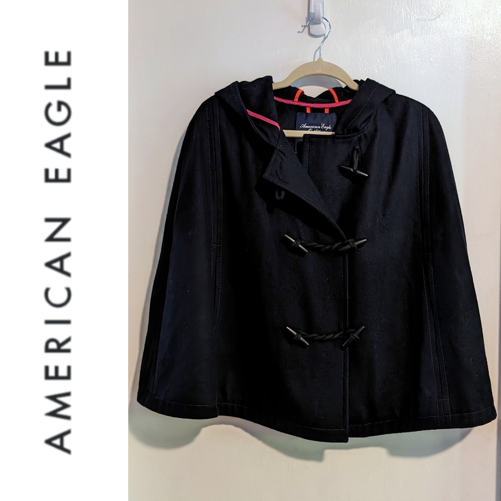 American Eagle Navy Hooded Wool blend Cape Poncho Coat Size Large